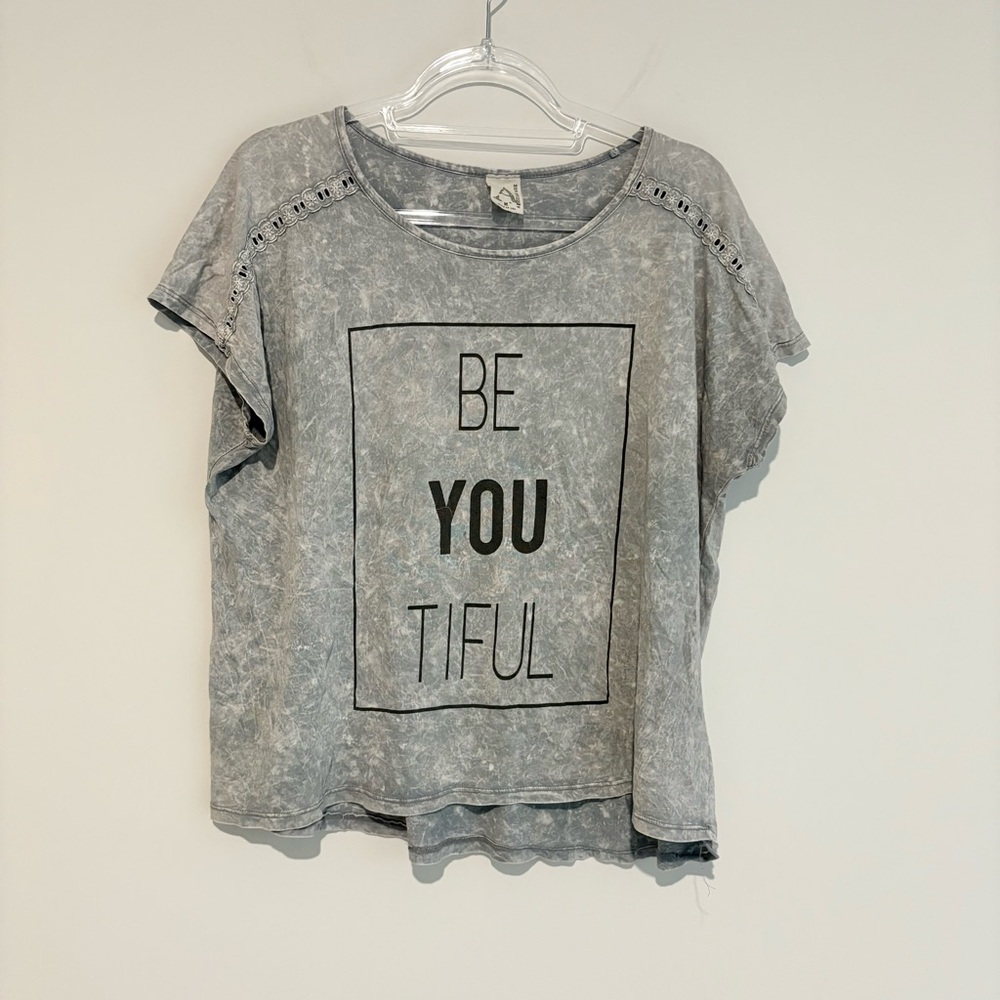 American Age Beautiful Lace sleeve tie dye acid wash‎ Top grey size medium